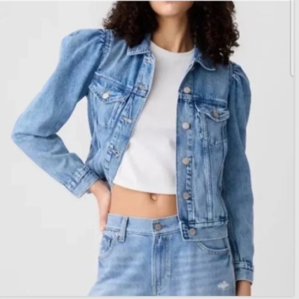 Gap Denim Puff Sleeve Icon Button Jean JACKET Medium Blue Wash